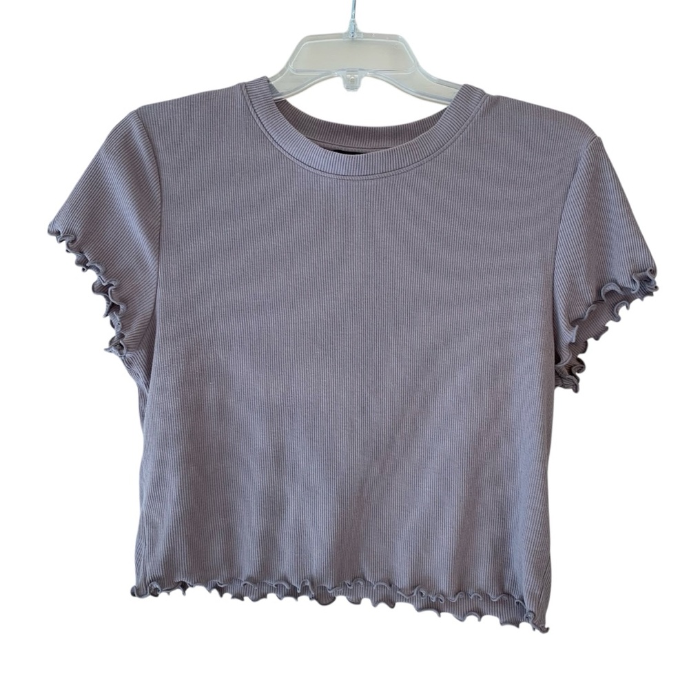 Forever 21 Taupe Cropped Lettuce Edge Knit Ribbed Short Sleeve T-shirt XL